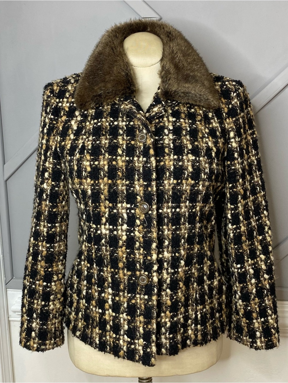 Talbots Vintage Tweed Plaid Blazer Jacket Faux Fur Collar Brown Black Women’s 12